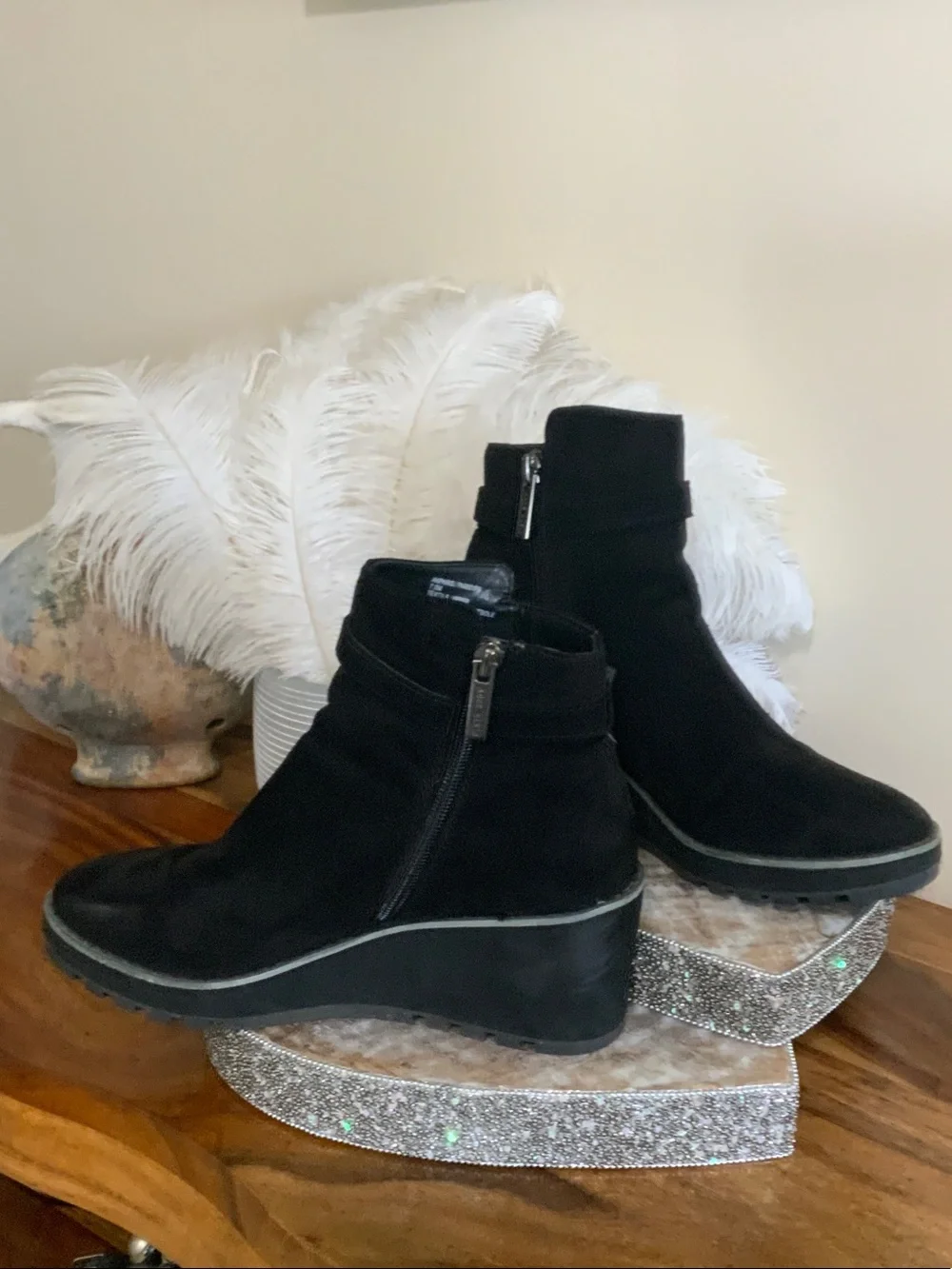 Anne Klein Black Suede Wedge Ankle Boots with Buckle